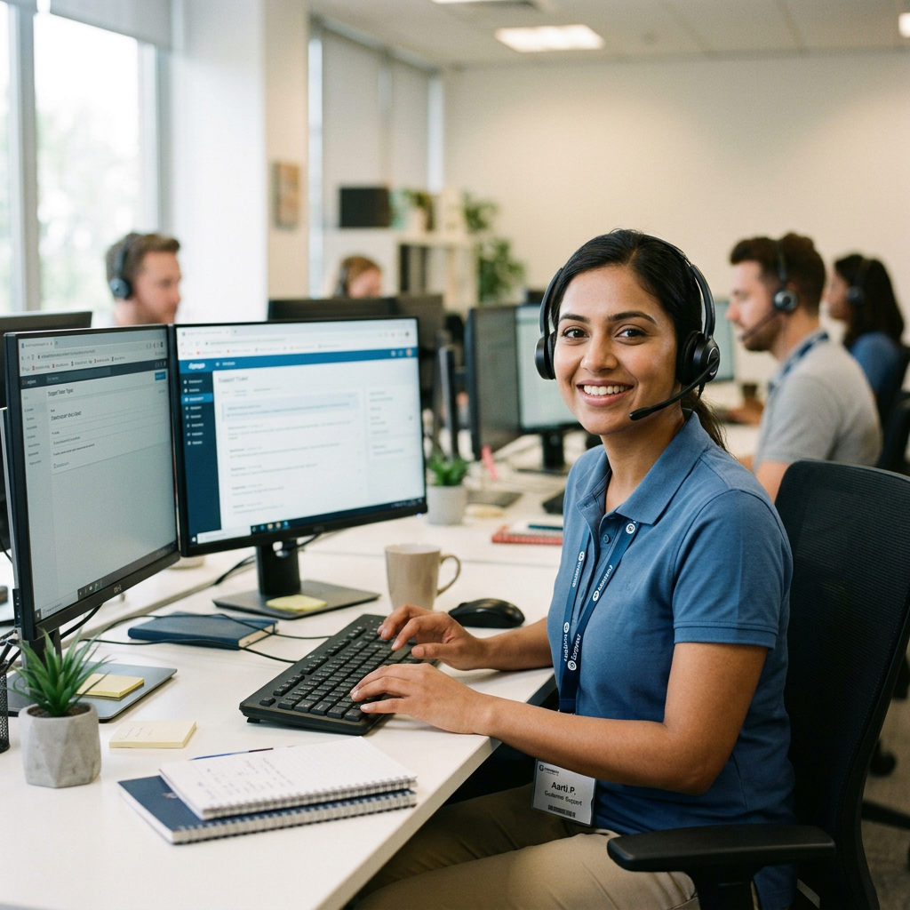 Female customer support agent wearing headset and typing on keyboard in office
